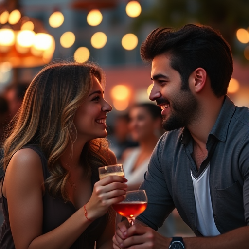 couple on a date, smiling and engaged in conversation