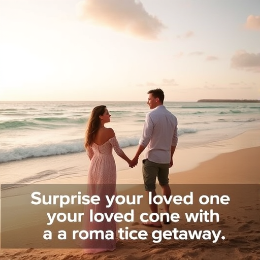 couple on beach, caption: "Surprise your loved one with a romantic getaway."