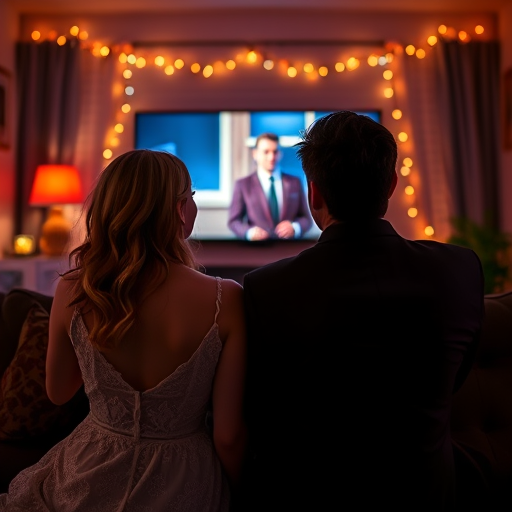 couple dressed up, watching a movie at home