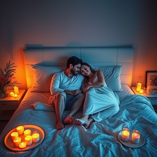 couple on bed surrounded by candles