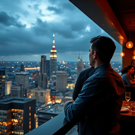 person thoughtfully looking out at the cityscape from a rooftop bar