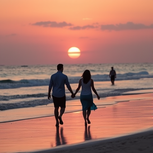 couple on beach, walking hand-in-hand at sunset