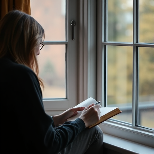 person journaling by a window with soft natural light