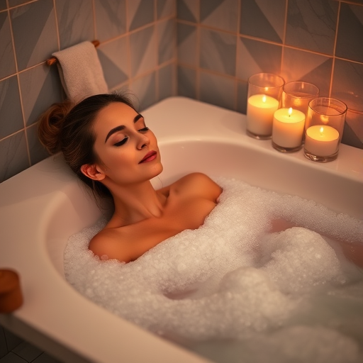 a woman relaxing in a bubble bath with candles