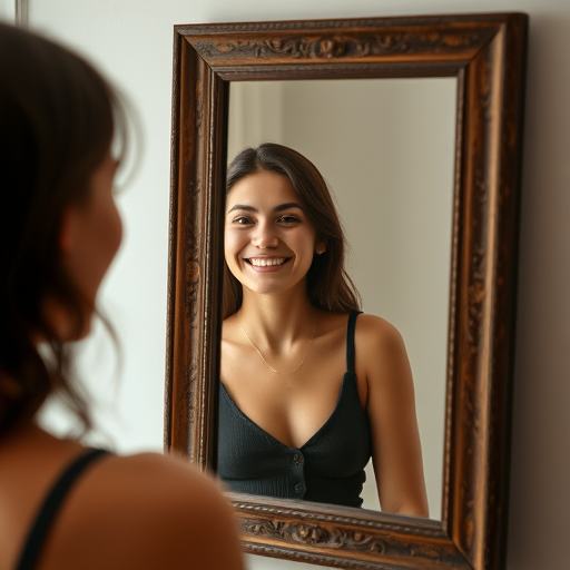 a person looking in the mirror, smiling at their reflection, conveying self-acceptance and positivity