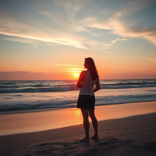 couple on a beach at sunset, arms wrapped around each other, with a breathtaking backdrop of the ocean and sky