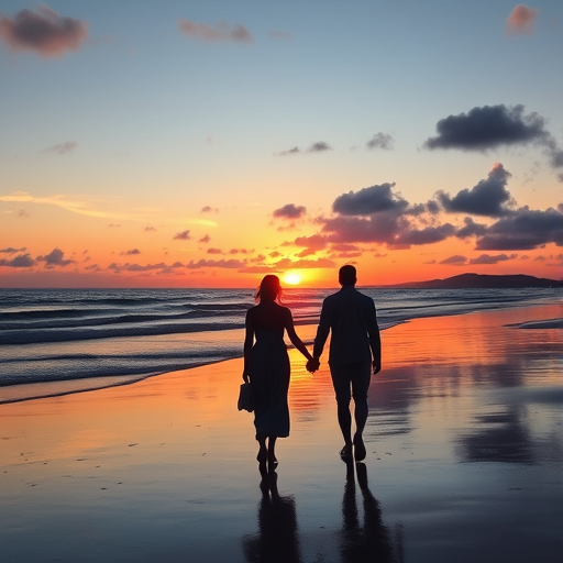 couple on a beach, walking hand in hand at sunset