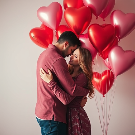 a couple embracing with a background of heart-shaped balloons