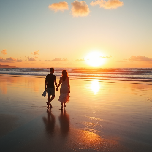 couple on beach, walking hand in hand at sunset