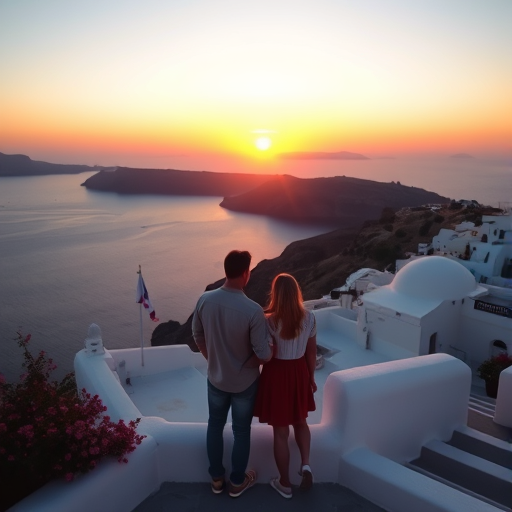 couple watching sunset in Santorini