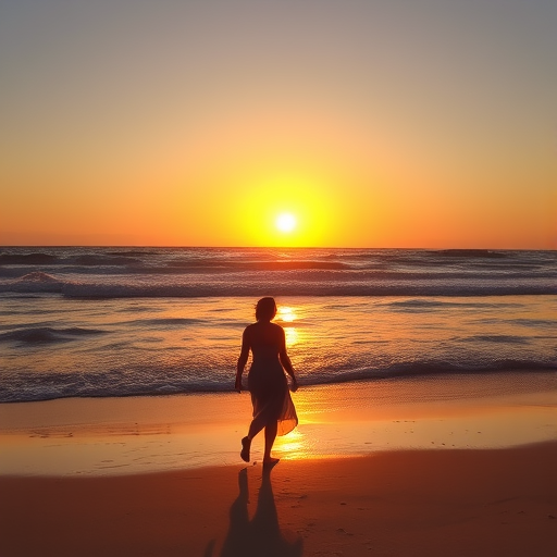 couple on a beach, walking hand in hand at sunset