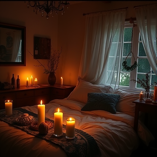 a cozy bedroom with lit candles and soft lighting