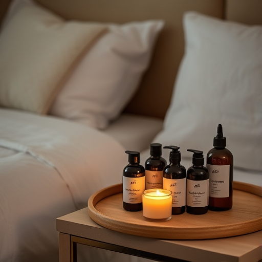 massage oils and candles on a bedside table
