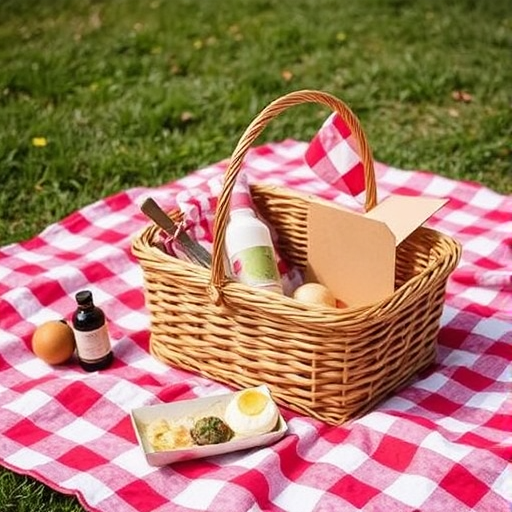 picnic basket and blanket on a lawn