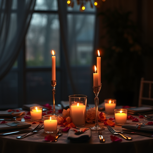 a dimly lit table setting with candles and flower petals