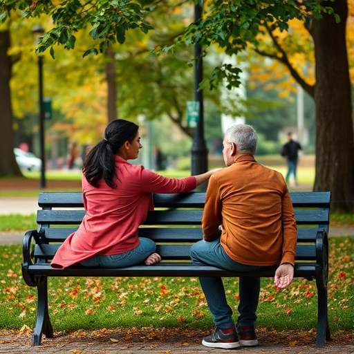 couple engaged in deep conversation on a park bench
