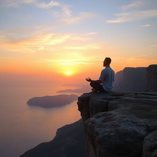 person meditating on a cliff at sunset
