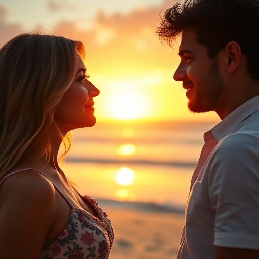 couple on the beach, gazing into each other's eyes at sunset
