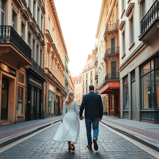 couple walking hand-in-hand through a picturesque city street
