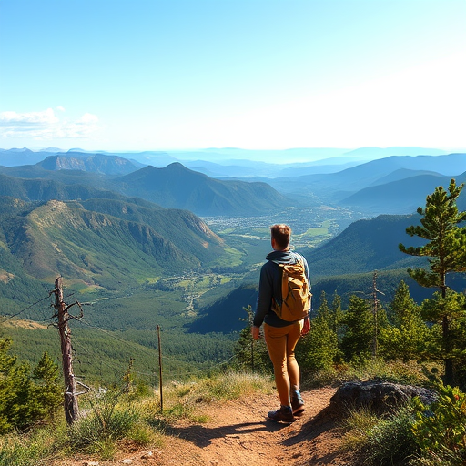 couple hiking, holding hands and looking out at a beautiful landscape