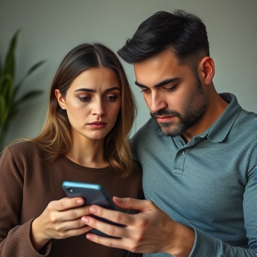 woman looking concerned while partner checks her phone