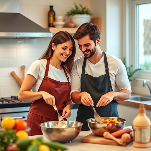 couple cooking together, smiling and enjoying each other's company