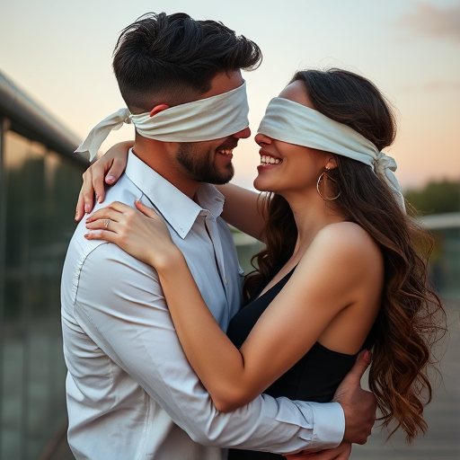 couple embracing, with one partner blindfolded for a surprise