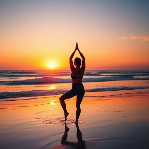 woman doing yoga on the beach at sunset