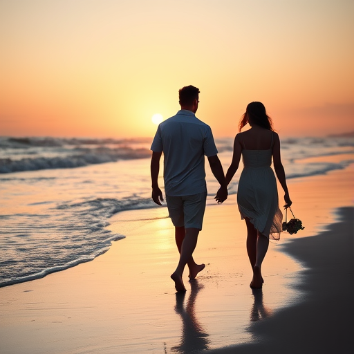 couple on beach, walking hand in hand at sunset