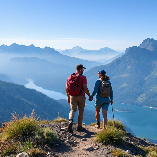 couple hiking with a stunning backdrop