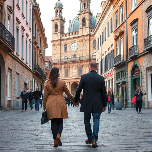 couple walking hand-in-hand in a historic city center