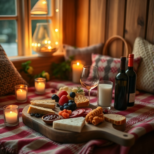 a cozy indoor picnic setup with soft lighting and a charcuterie board