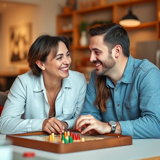 couple laughing and playing a board game