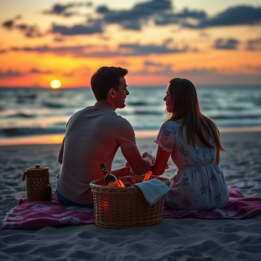 couple on beach, enjoying a sunset picnic with a themed picnic basket