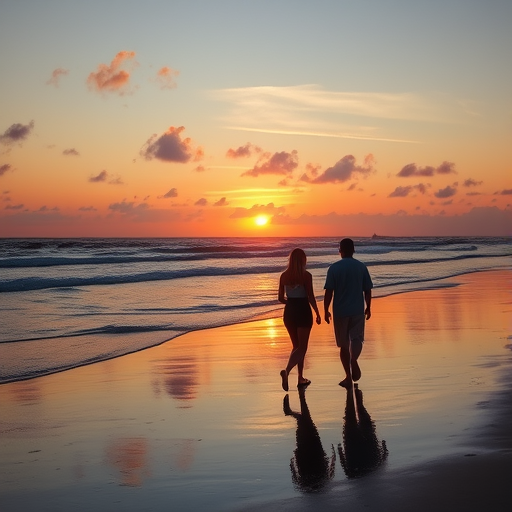 couple walking on the beach at sunset