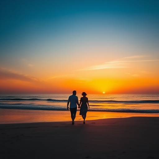 couple on beach, walking hand in hand into the sunset