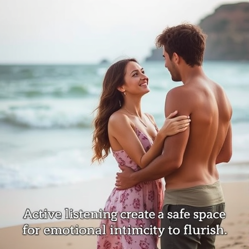 couple on beach, caption: Active listening creates a safe space for emotional intimacy to flourish.