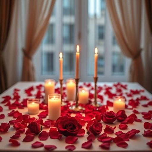 romantic table setting with rose petals and candles