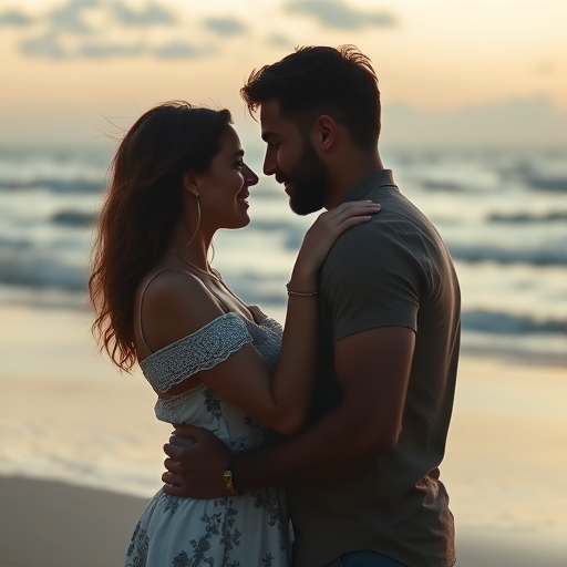 couple on a beach, gazing into each other's eyes