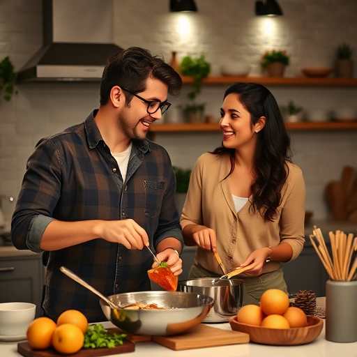 couple cooking together, smiling and chatting