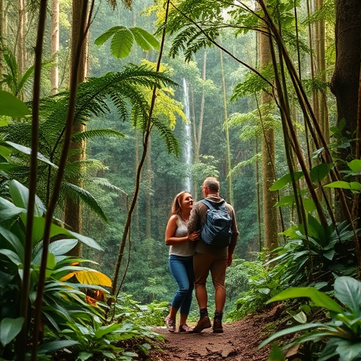 couple hiking in rainforest