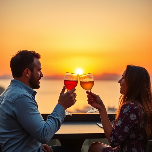 couple toasting with cocktails at sunset