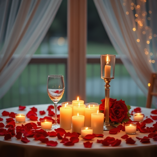 romantic table setting with candles and rose petals