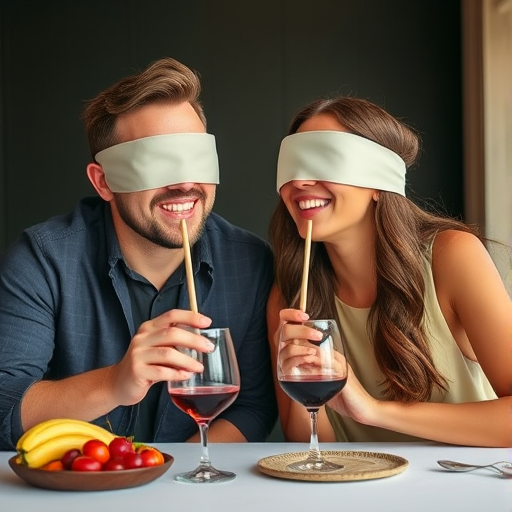 couple enjoying a blindfolded taste test