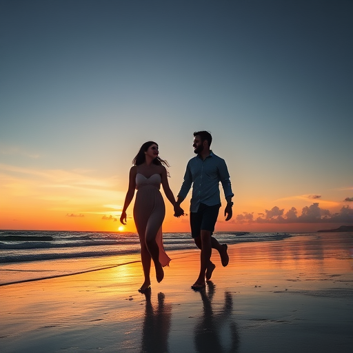 couple walking on the beach at sunset, holding hands and smiling