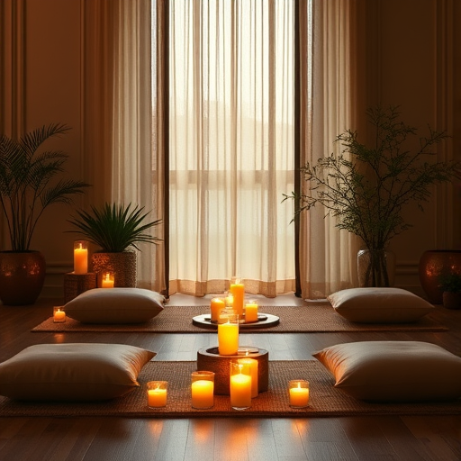 a peaceful meditation space with candles and cushions