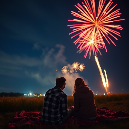 couple watching fireworks on a blanket