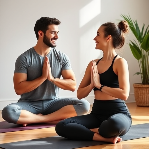 couple laughing and communicating during yoga practice
