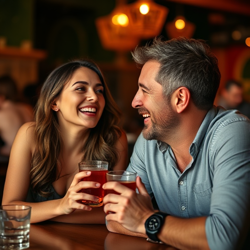 couple laughing and enjoying a drink together