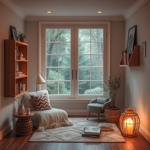 a cozy reading nook with soft lighting